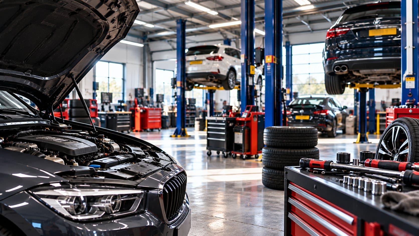 Workshop interior with cars on lifts, tool chests and a stack of tyres