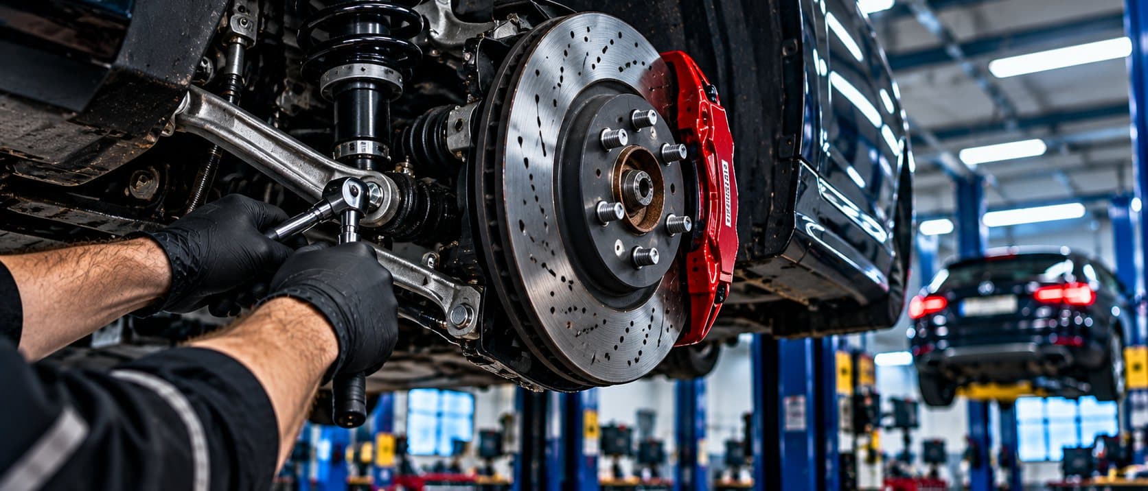 Brake disc and caliper on a car raised on the ramp at NHG Vehicle Care, Dolly Lane, Leeds