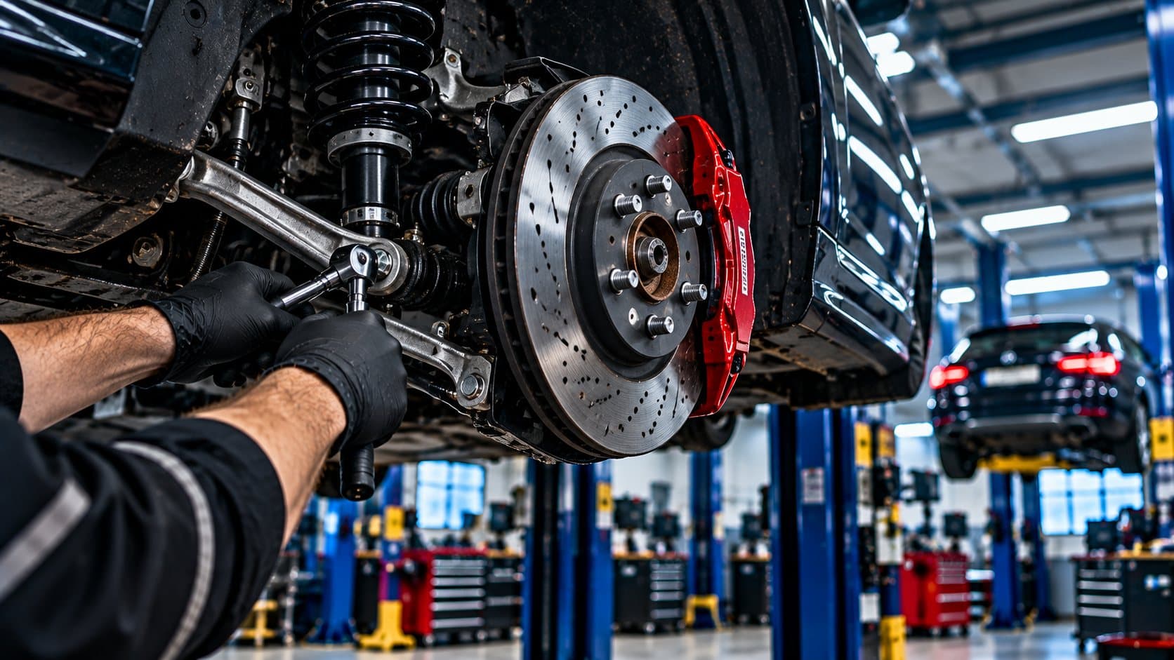 Drilled brake disc with a red caliper on a car with the wheel removed