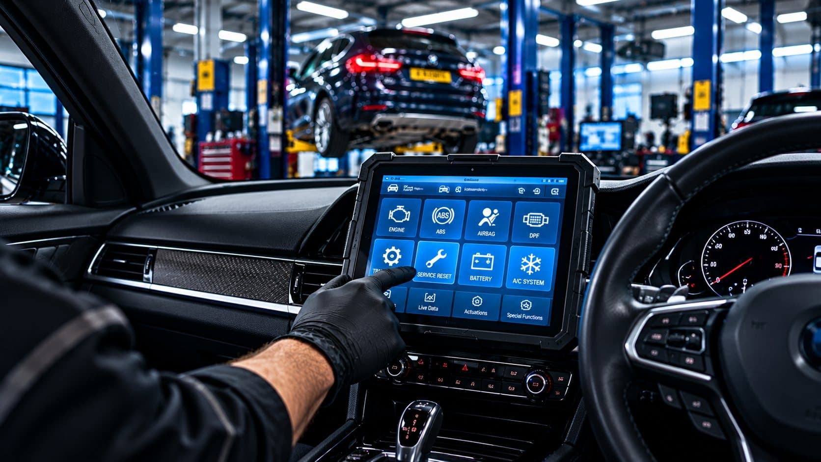 Diagnostic tablet held up in front of a car's dashboard and steering wheel
