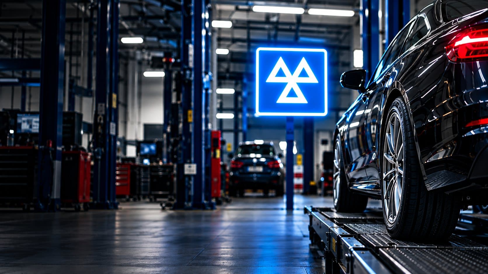 Dark car on a workshop lift beside an illuminated blue MOT sign