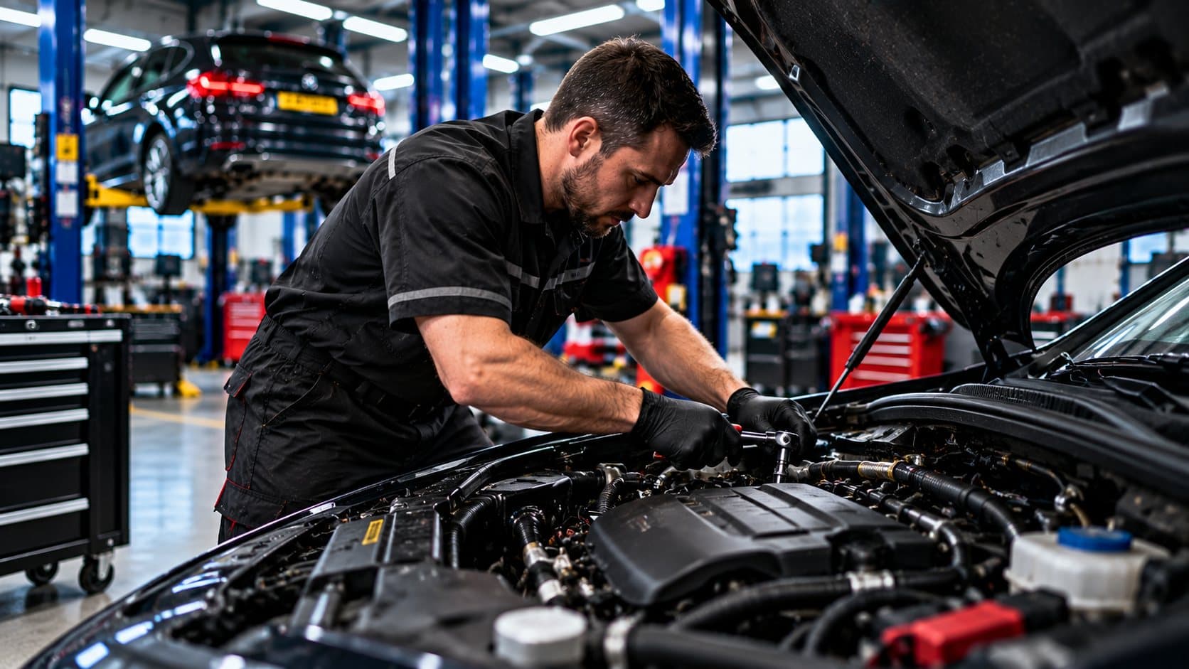 Mechanic leaning into the engine bay of a car with the bonnet up