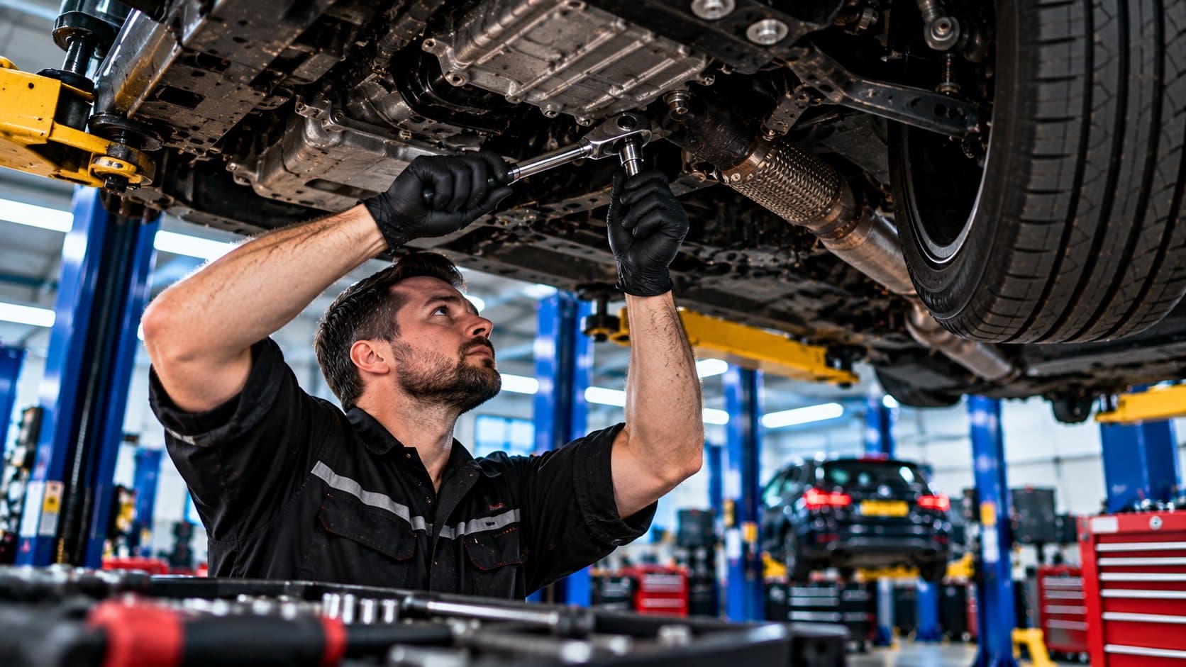 Technician working on the underside of a car raised on a lift