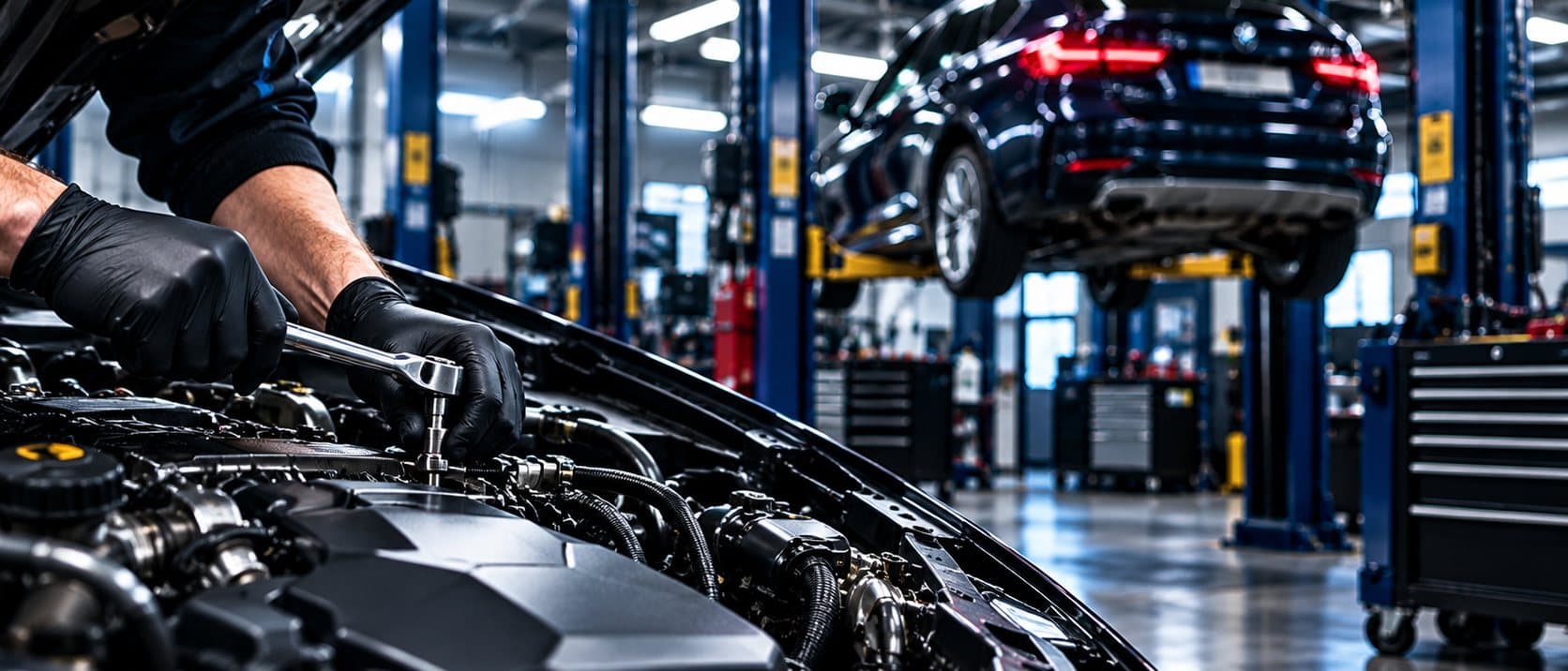 Car on the ramp during a service at NHG Vehicle Care, Dolly Lane, Leeds