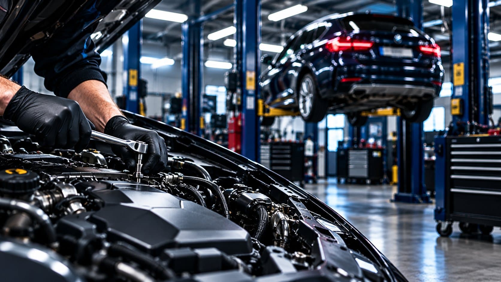 Technician in gloves working under the open bonnet of a car