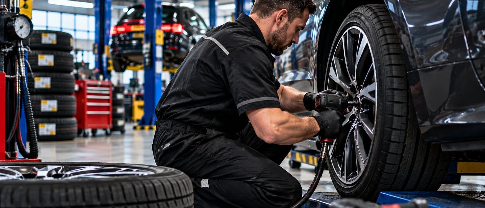 A technician fitting a tyre to a wheel at NHG Vehicle Care, Dolly Lane, Leeds