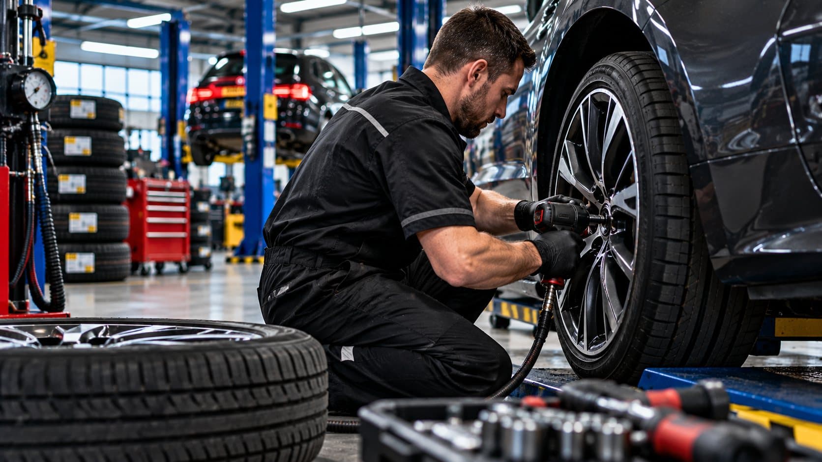 Technician crouched beside a car fitting a wheel with a power tool