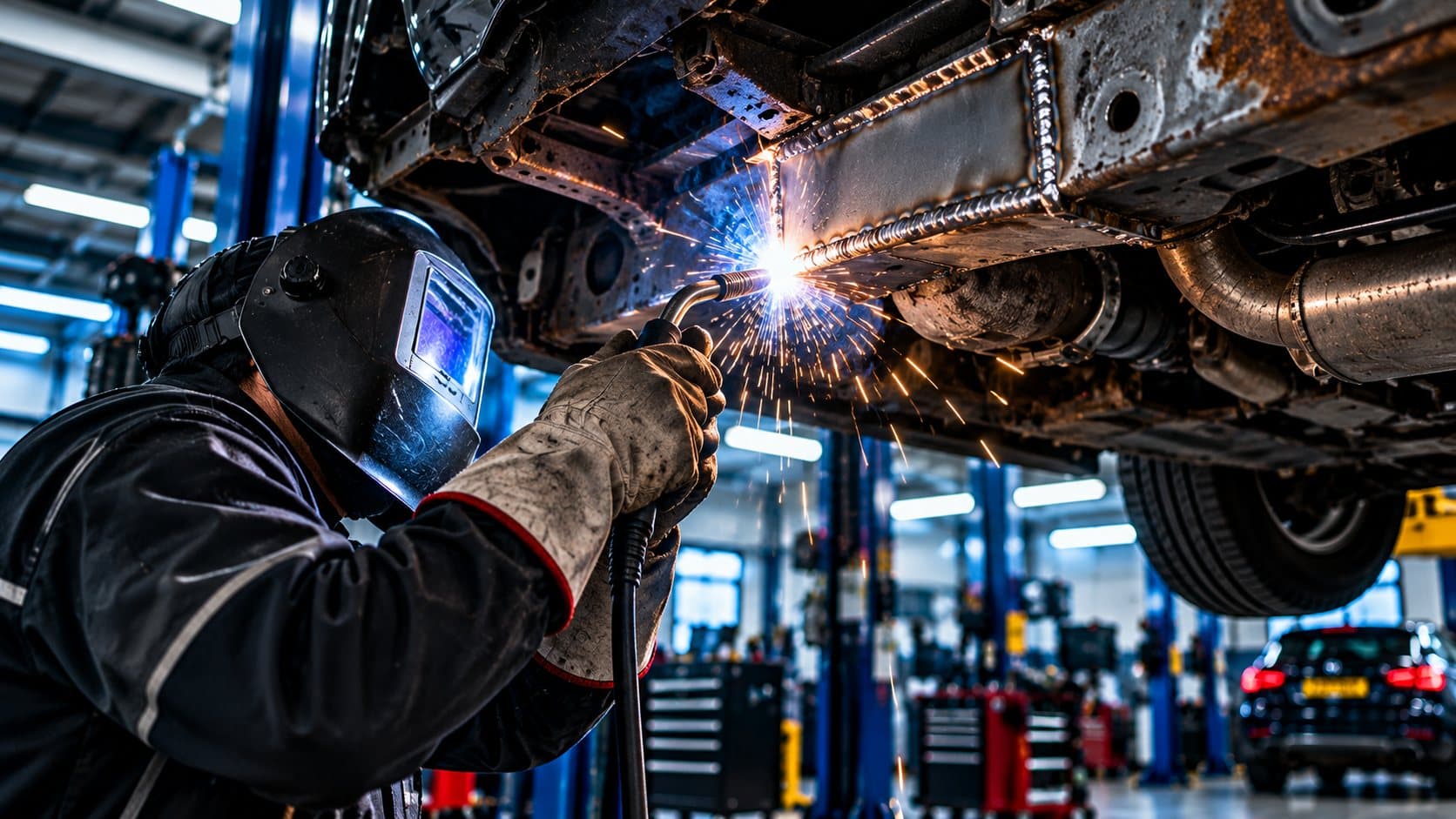 Welder in a mask working on the underside of a vehicle with sparks flying