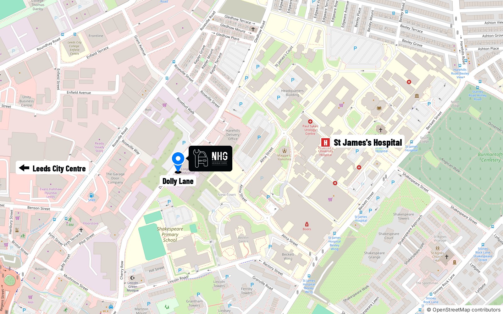 NHG Vehicle Care on Dolly Lane, a few minutes' walk from St James's Hospital, east of Leeds city centre. Map data from OpenStreetMap contributors.